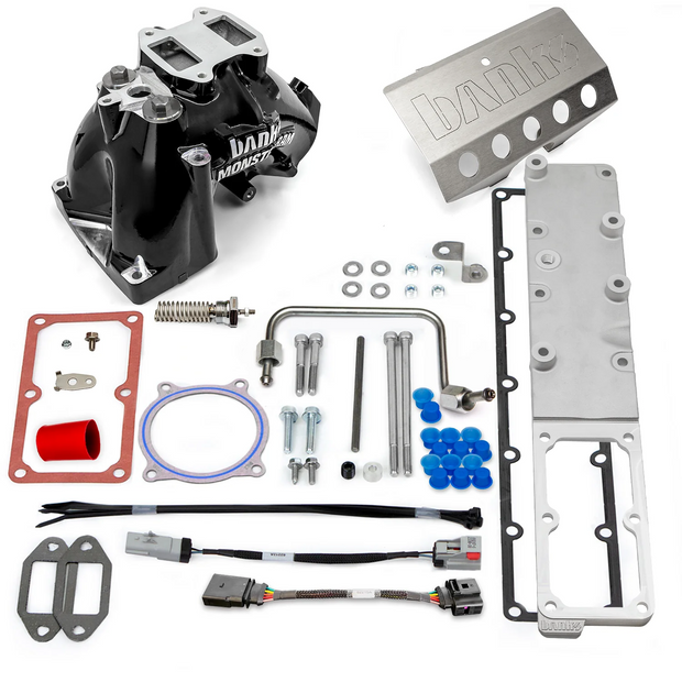 Complete kit components for the Black Banks Power Monster-Ram Intake and Killer Grid Heater Upgrade (2019-2024 Ram 6.7L Cummins) including intake elbow, high-flow plate, and hardware