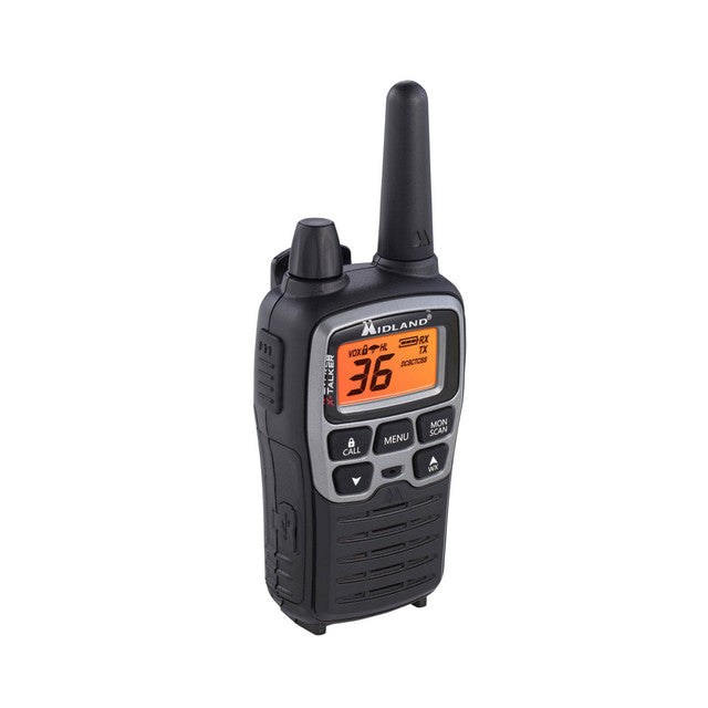 Midland X-TALKER, Pair of Radios with Batteries, DTC and USB Cable Charger, hard shell case, car charger, set of AVP1 headsets