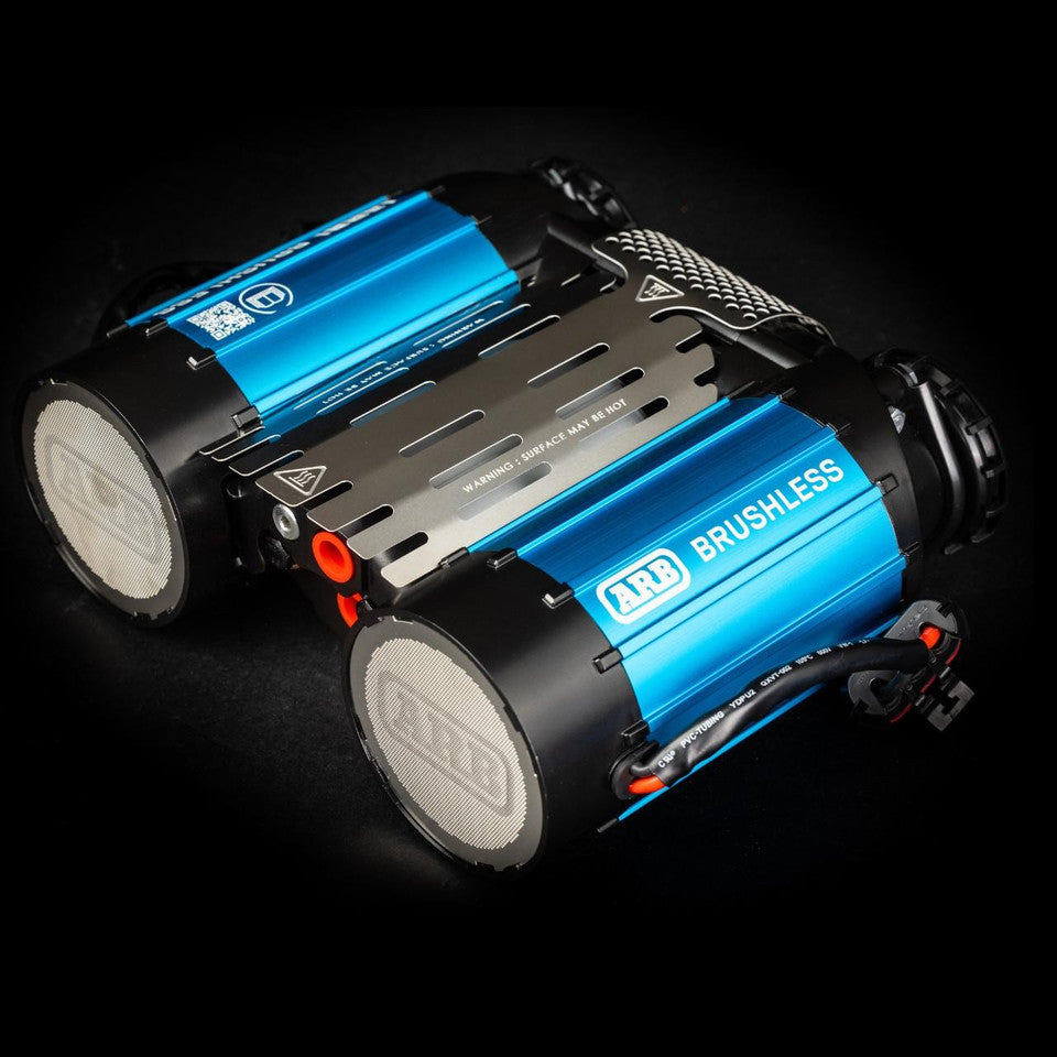 Main Compressor Shot: Top-down view of the ARB CKBLTA12 brushless twin motor onboard 12V air compressor.