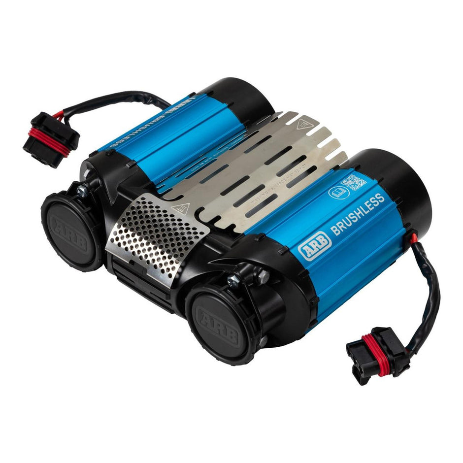 Front/Connections: Air outlet and electrical connections on the ARB CKBLTA12 brushless air compressor.