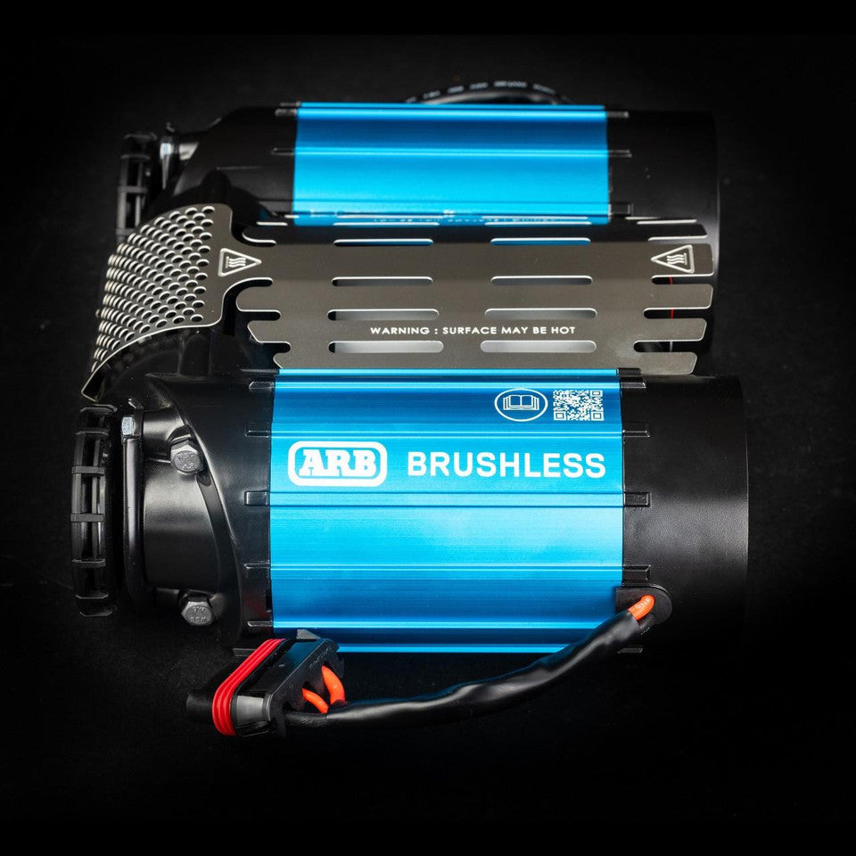 op-down view of the ARB CKBLTA12 brushless twin motor onboard 12V air compressor.