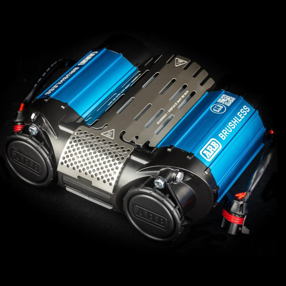 op-down view of the ARB CKBLTA12 brushless twin motor onboard 12V air compressor.