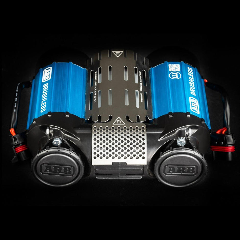 Top-down view of the ARB CKBLTA12 brushless twin motor onboard 12V air compressor.
