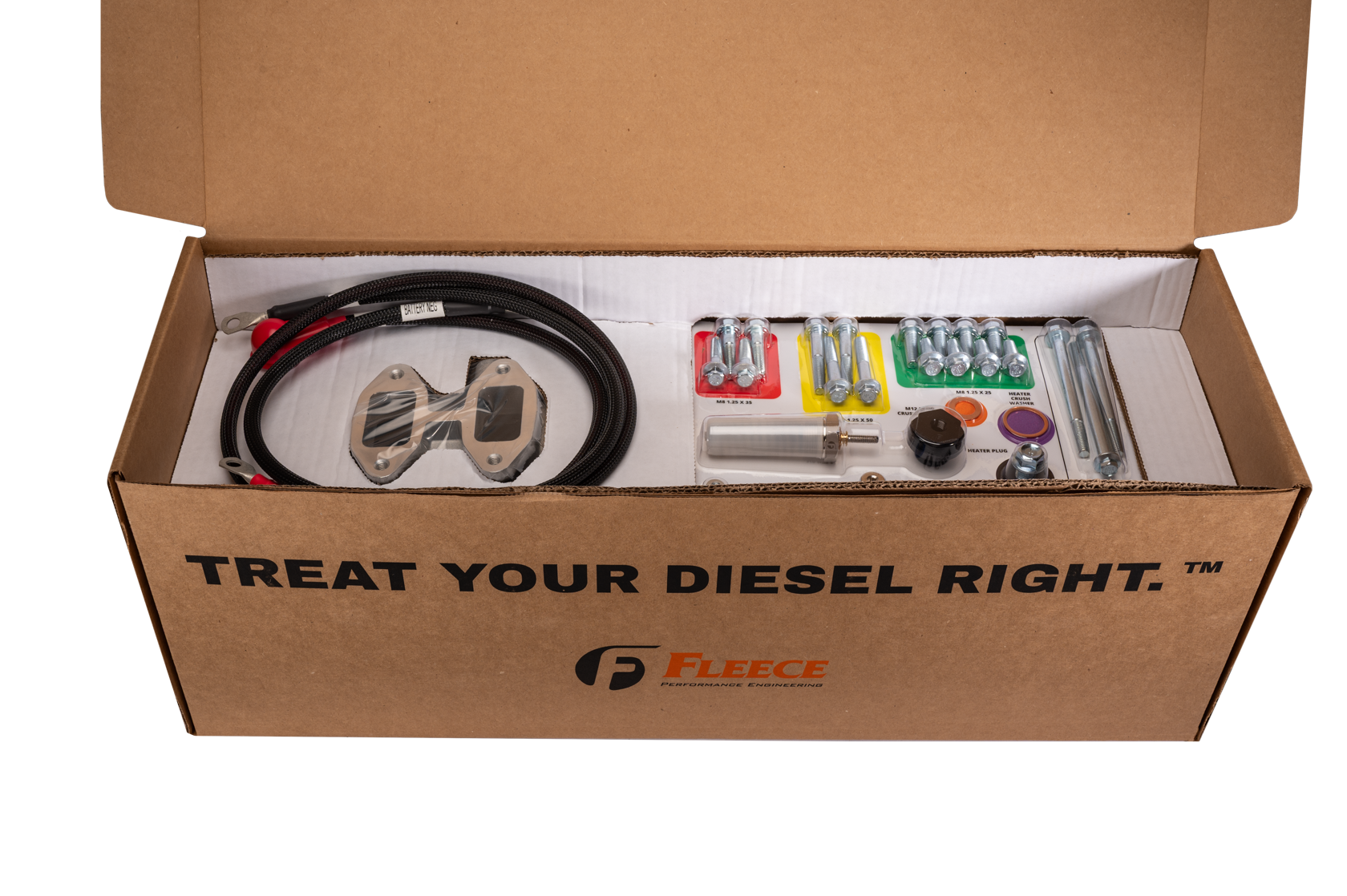Open box showing all included hardware, cables, and gaskets for the Fleece Performance Intake Kit