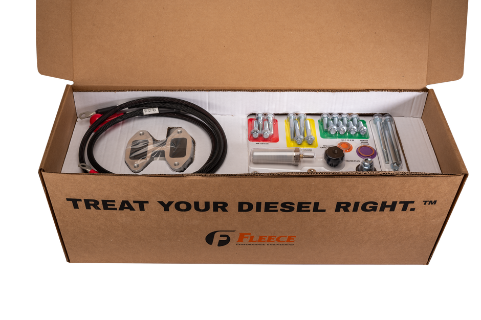Open box showing all included hardware, cables, and gaskets for the Fleece Performance Intake Kit