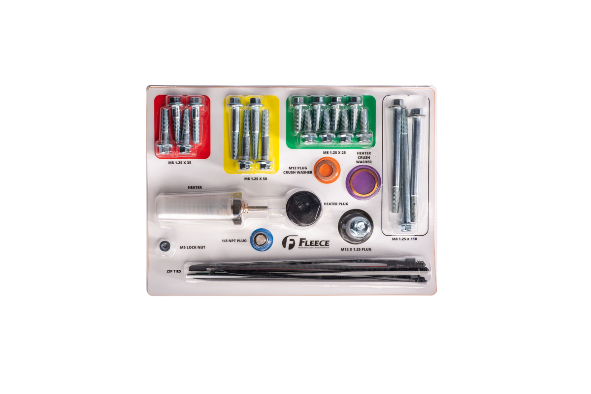 Fleece Performance Intake Kit hardware pack shown 