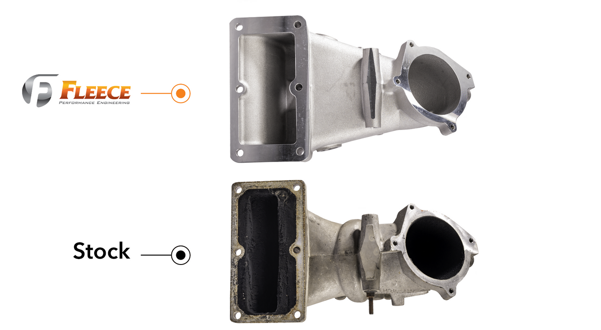 Comparison of the high-flow Fleece Performance intake horn versus the stock factory horn for 6.7L Cummins