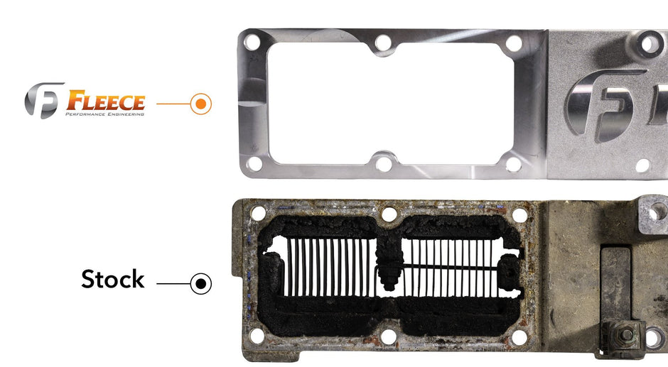 Comparison of the high-flow Fleece Performance intake horn versus the stock factory horn for 6.7L Cummins